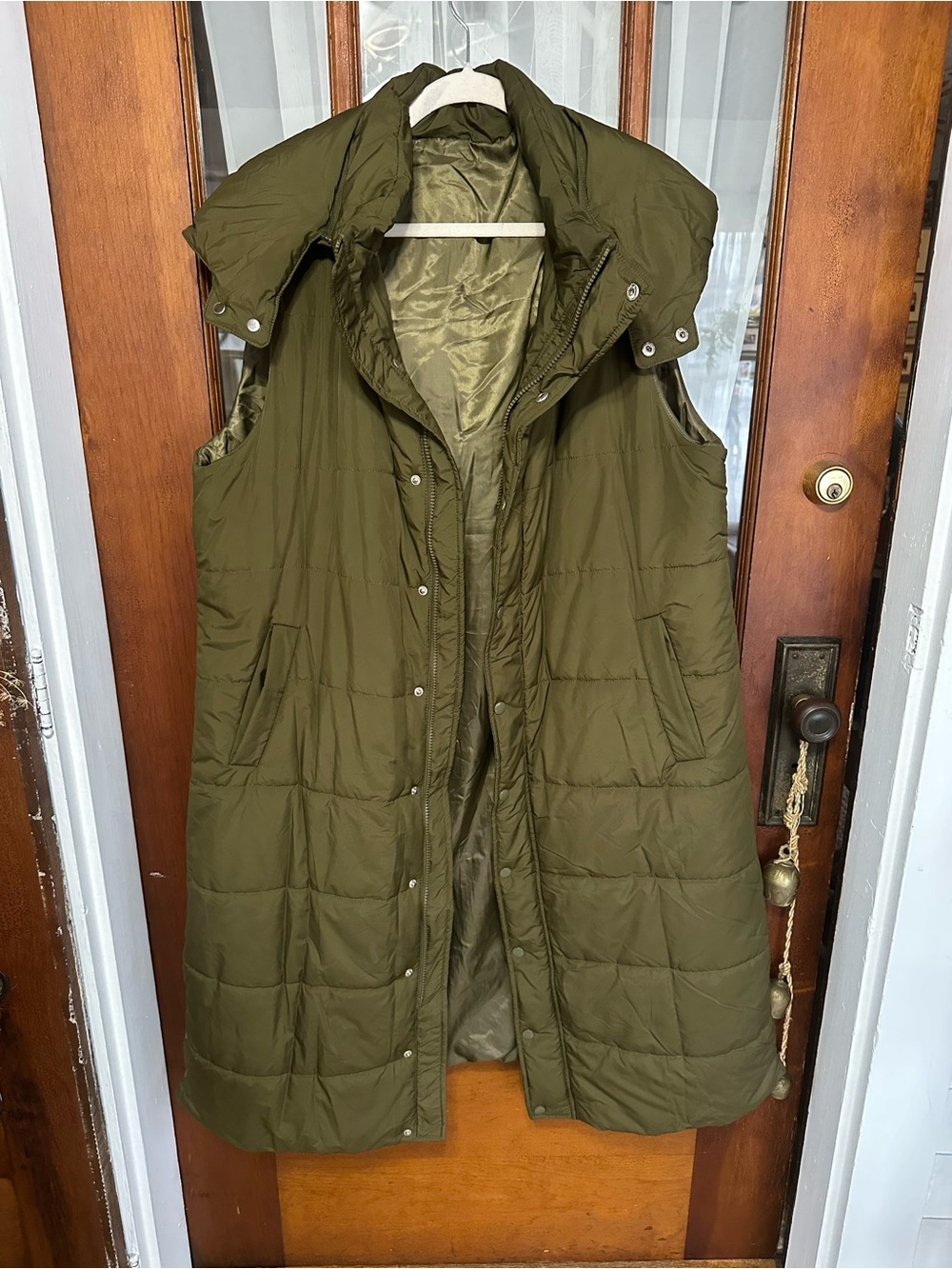 Olive Army Green Long Quilted Sleeveless Vest Coat